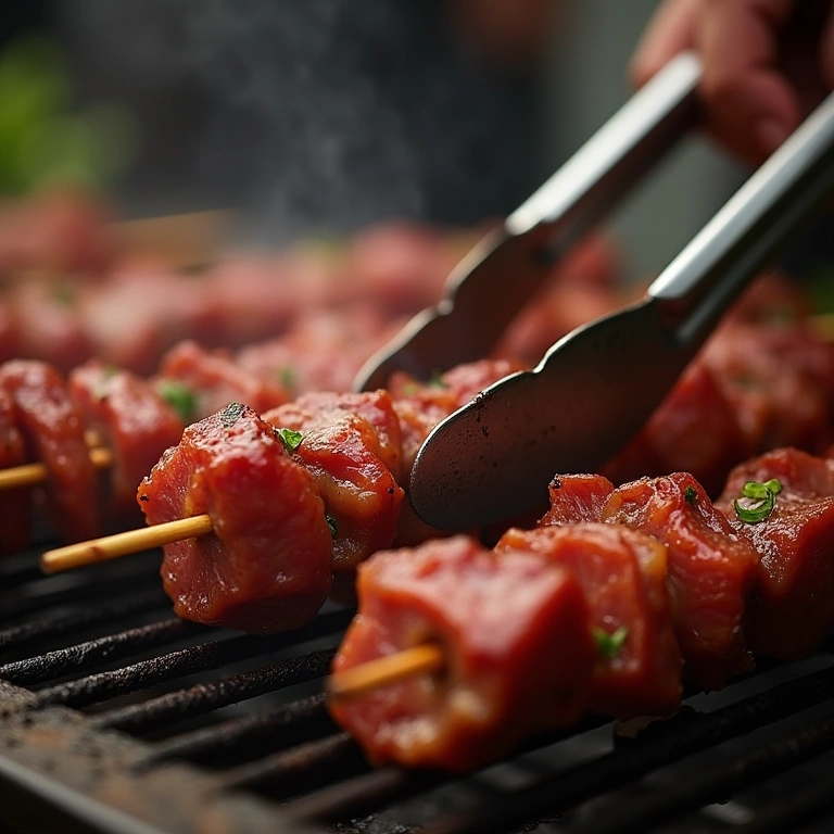 Assando espetinho de carne na churrasqueira