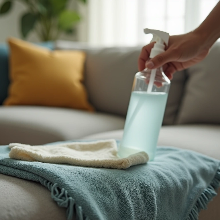 Close-up of testing cleaning solution on hidden sofa area, microfiber cloth, bright light, Teste de produto em área escondida do sofá.