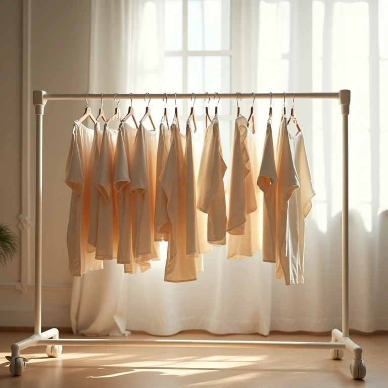 Clothes hanging on a drying rack indoors, avoiding direct sunlight, bright room, natural light, 8K, Roupas coloridas secando em varal interno, longe do sol.