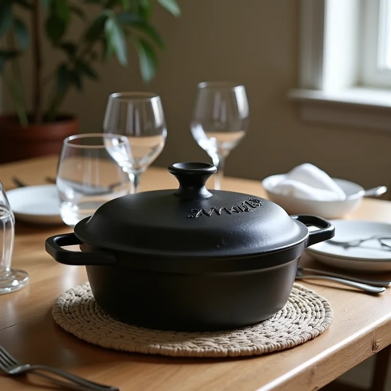 Cocotte de ferro fundido Staub em mesa posta elegante.