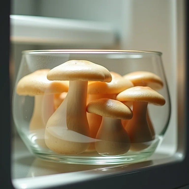 Cogumelos shimeji armazenados em um recipiente de vidro dentro de uma geladeira