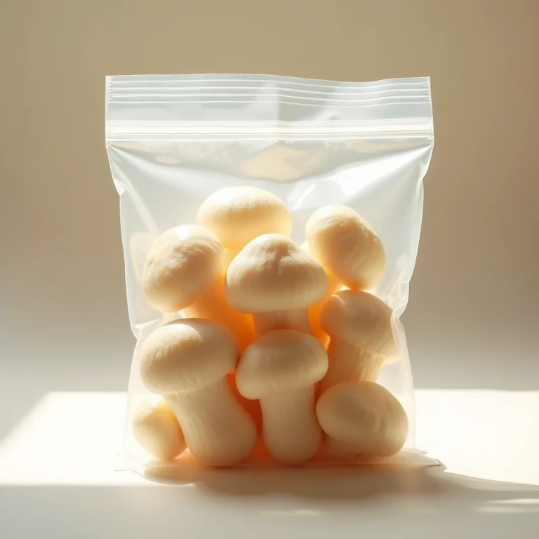 Cogumelos shimeji congelados em um saco plástico transparente para freezer