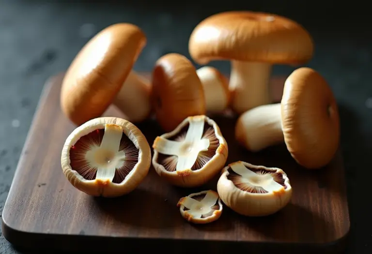 Cogumelos Shimeji frescos dispostos em uma tábua de madeira escura