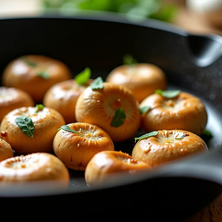 Cogumelos Shimeji sendo salteados na manteiga em uma frigideira de ferro fundido