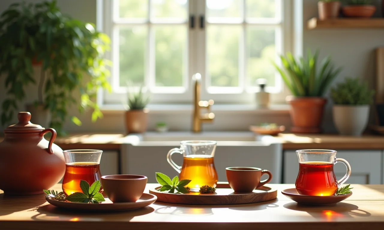 Coleção de chás calmantes em mesa de madeira com cerâmica brasileira.
