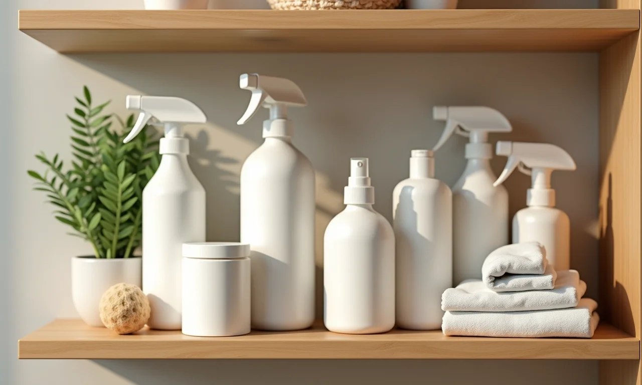 Coleção de produtos de limpeza ecológicos em uma prateleira de madeira.