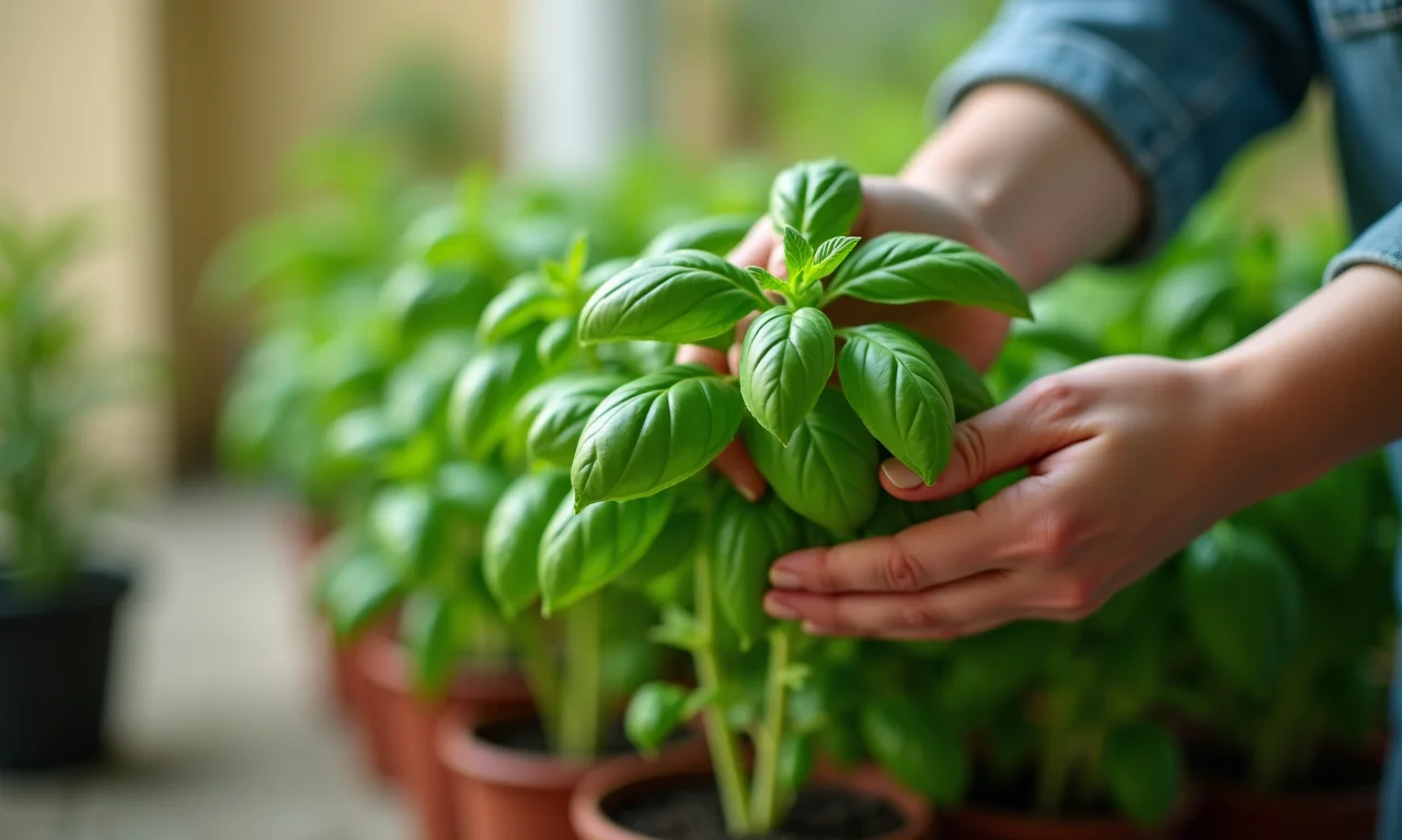 Colhendo manjericão fresco do vaso.