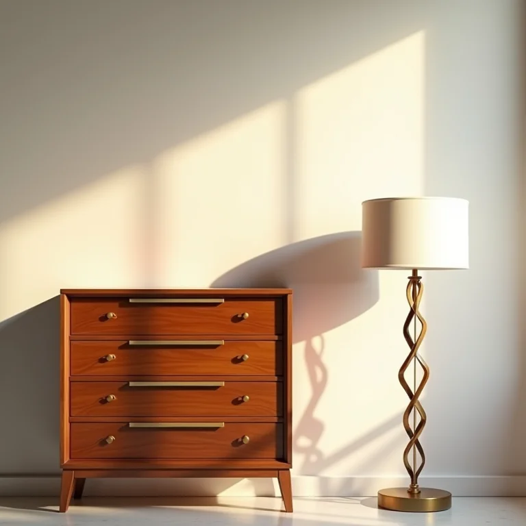 Cômoda vintage ao lado de luminária moderna em ambiente minimalista