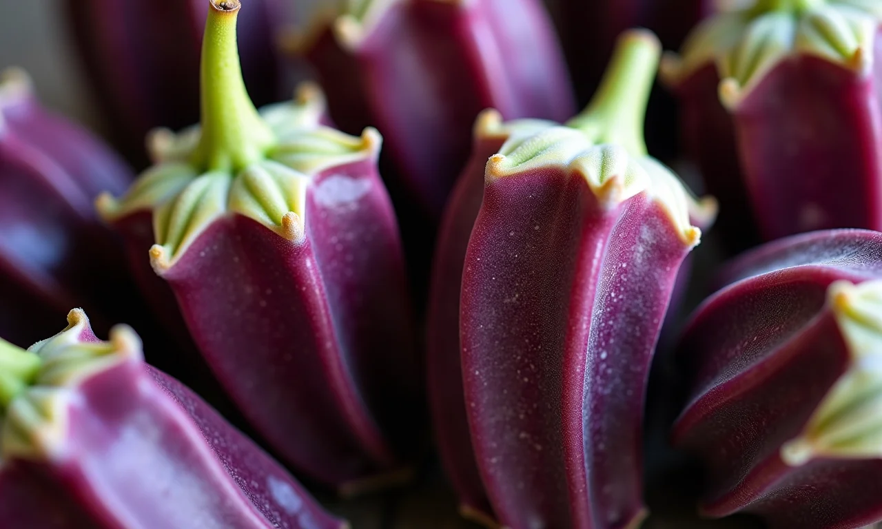 Comparação de tamanhos e texturas de quiabo-roxo.