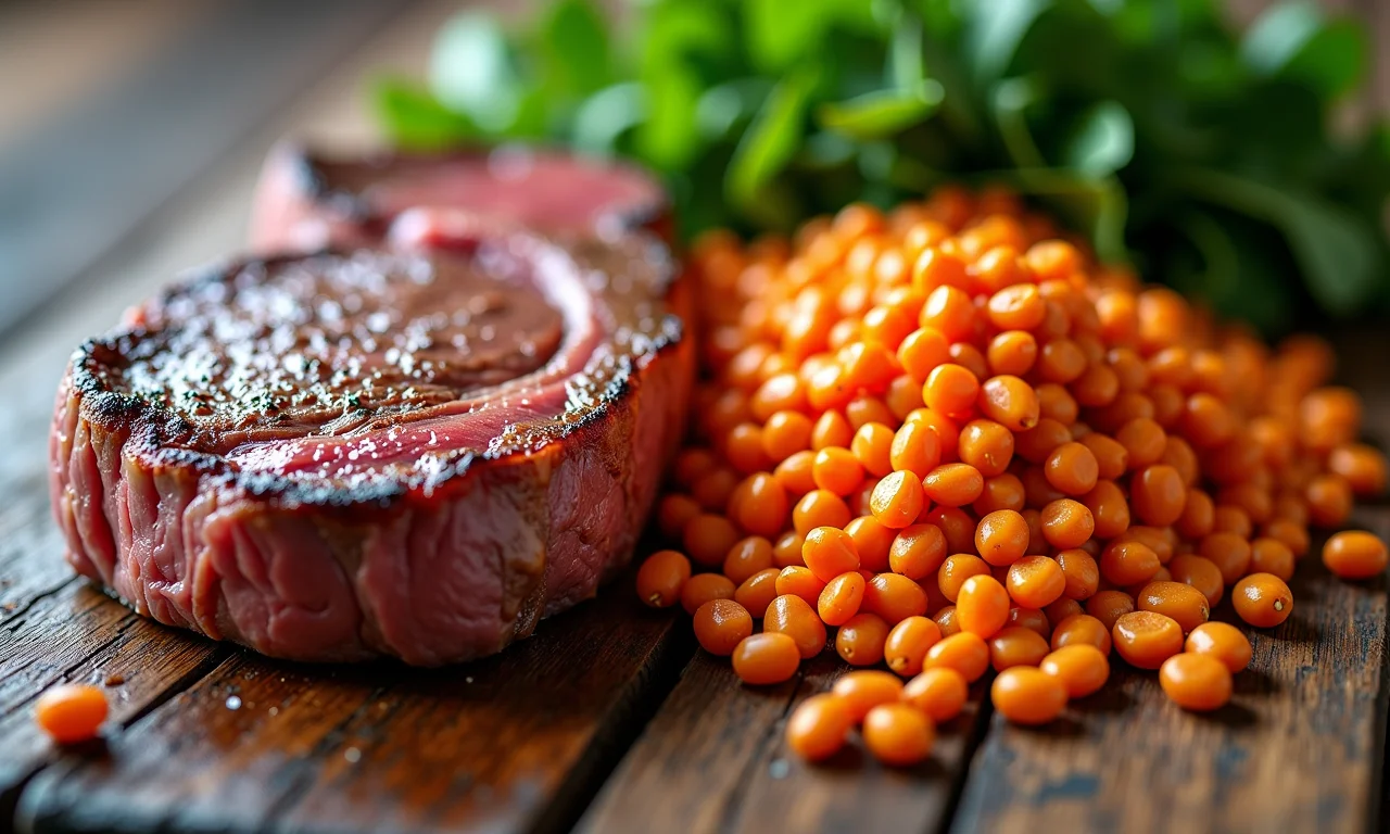 Comparação entre bife e lentilhas como fontes de proteína.