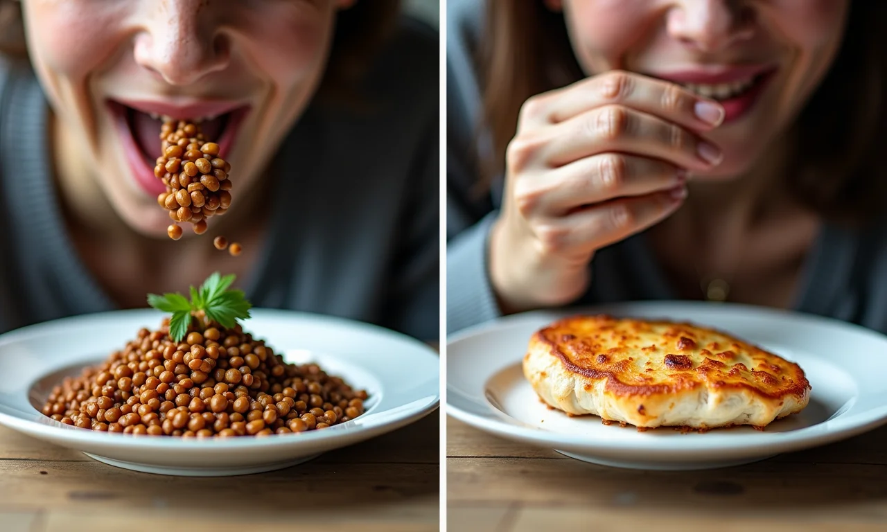 Comparação entre proteína vegetal (lentilha) e proteína animal (frango).