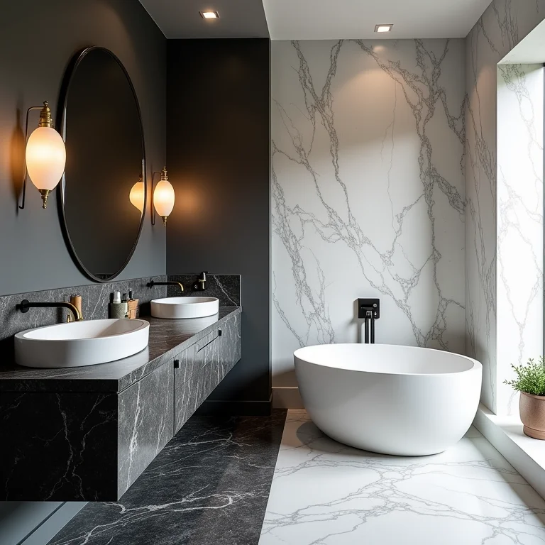 Comparativo estético: bancada de granito escura em banheiro moderno versus bancada de mármore branca em banheiro clássico