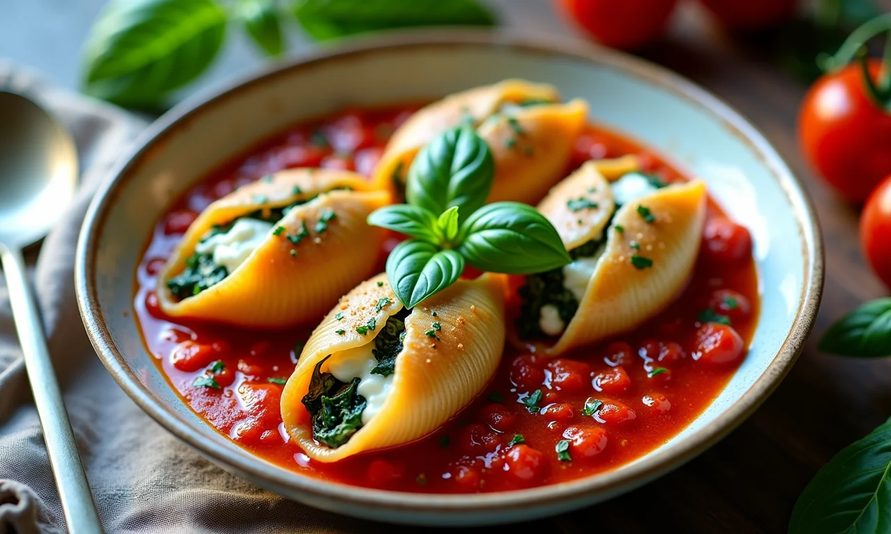 Conchiglione recheado com espinafre e ricota ao molho de tomate, decorado com manjericão.