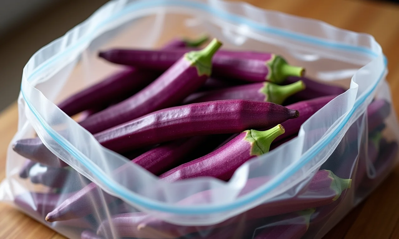 Congelando quiabo-roxo para conservação.