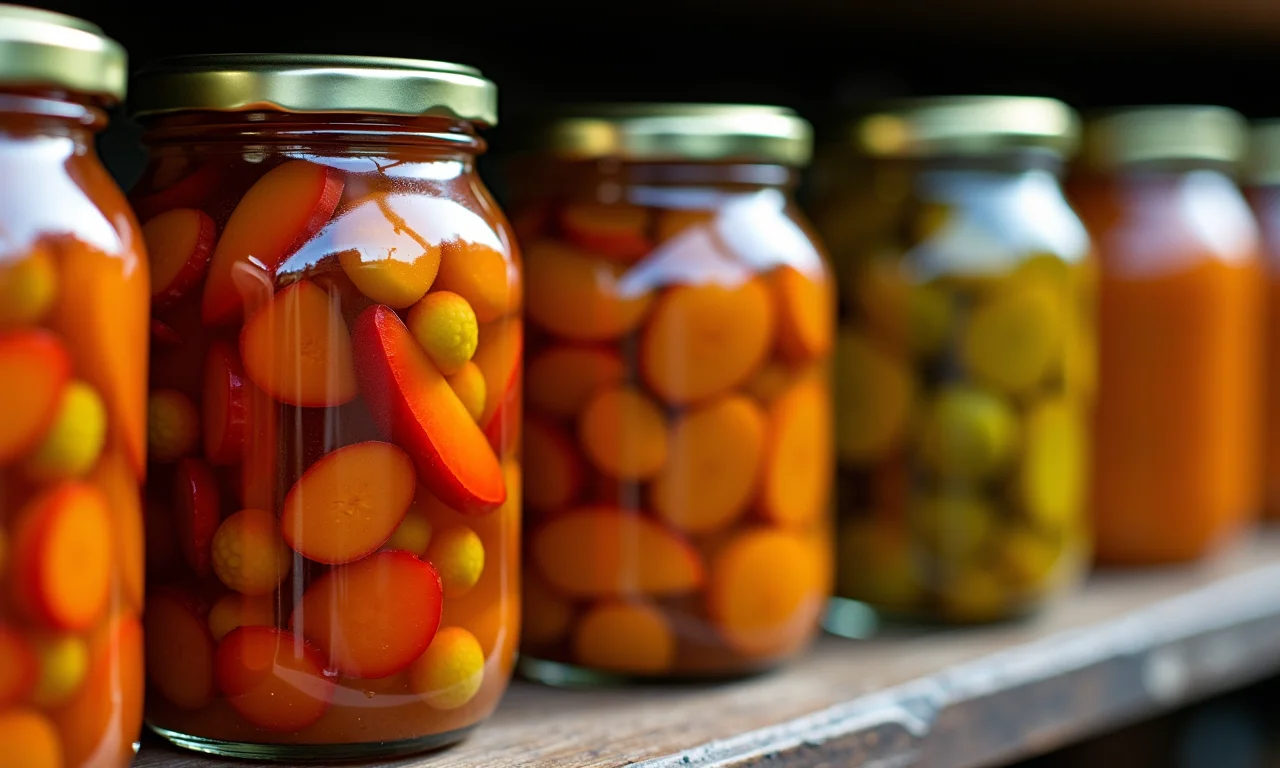 Conservas e picles de bilimbi em uma prateleira.