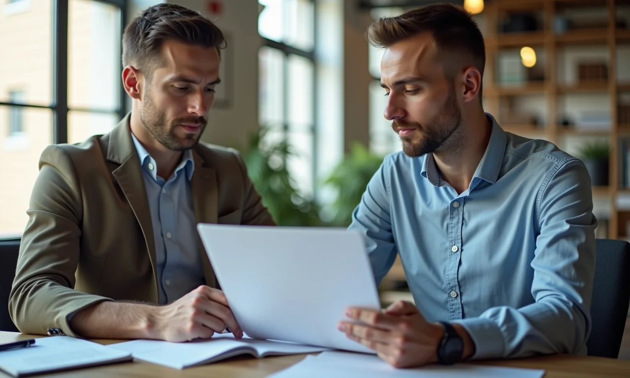 Consultor de SEO aconselhando um proprietário de pequena empresa.