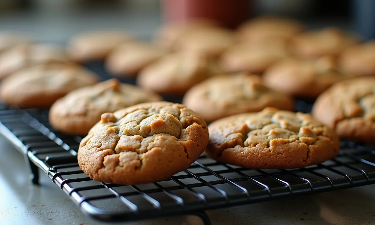 Cookies integrais caseiros em uma grade de resfriamento.