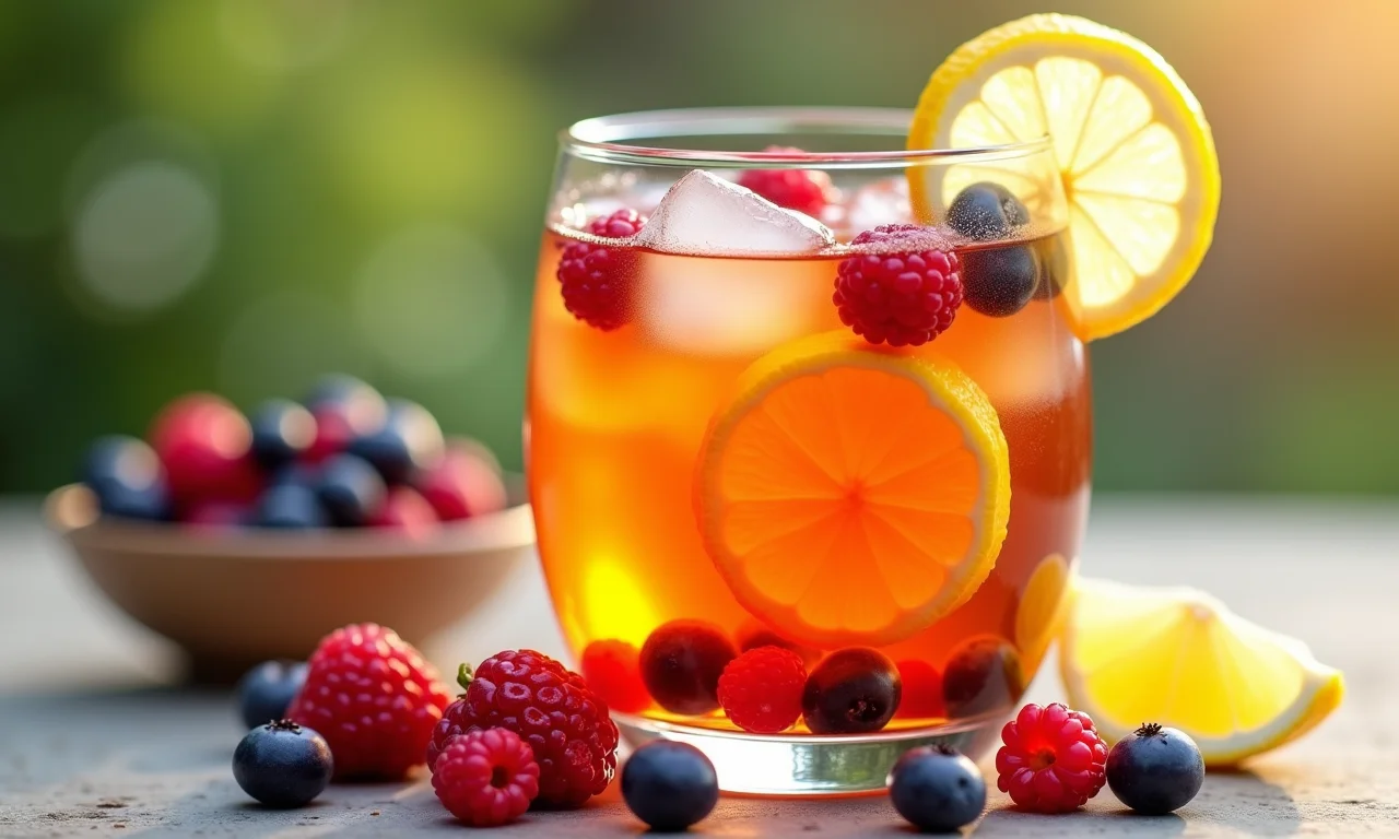 Copo de chá de amora gelado com frutas e limão para controle do açúcar no sangue.