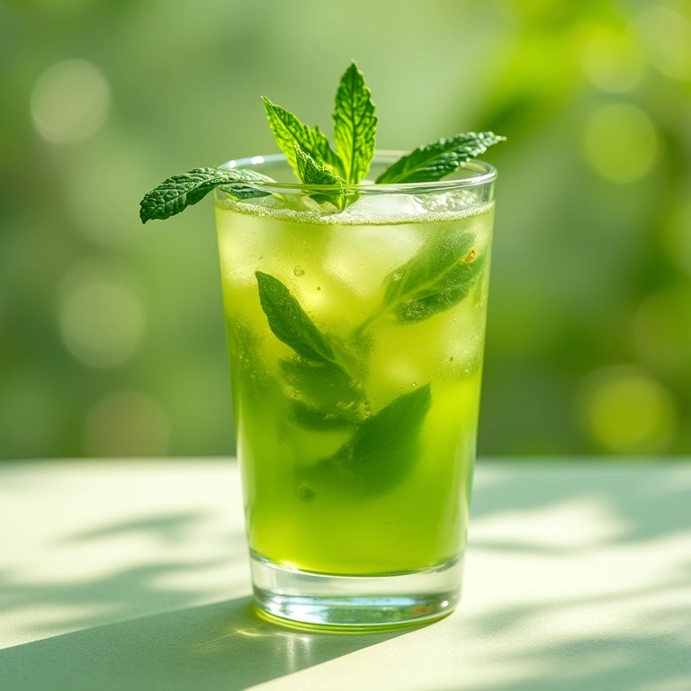 Copo de chá verde gelado caseiro com hortelã, bebida refrescante de verão.