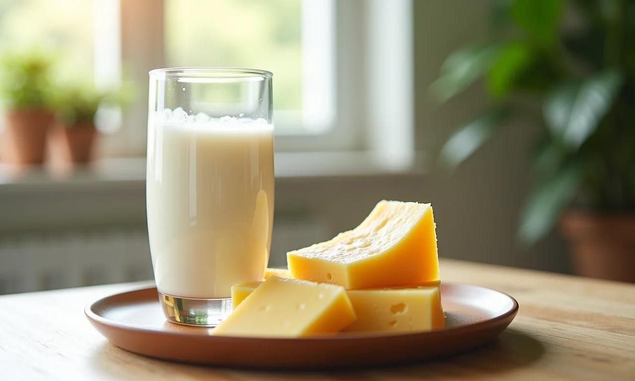 Copo de leite e prato de queijo.