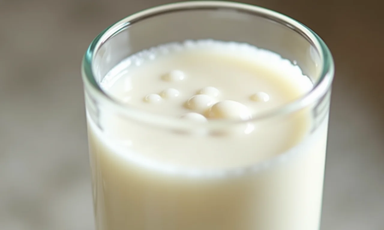 Copo de leite integral com glóbulos de gordura visíveis.