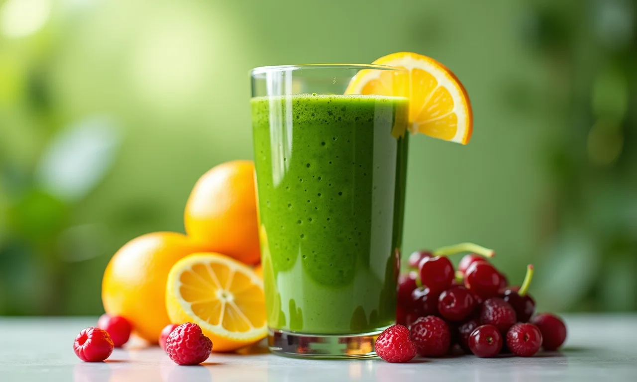 Copo de smoothie verde com frutas, suco turbinado para fortalecer a imunidade.