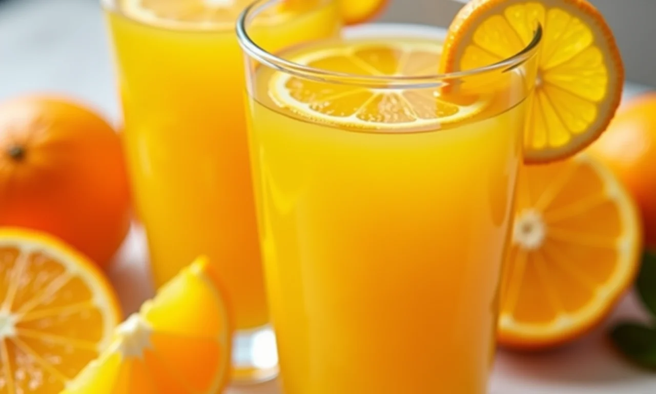 Copo de suco de laranja com laranjas fatiadas, fonte de vitamina C para fortalecer a imunidade.