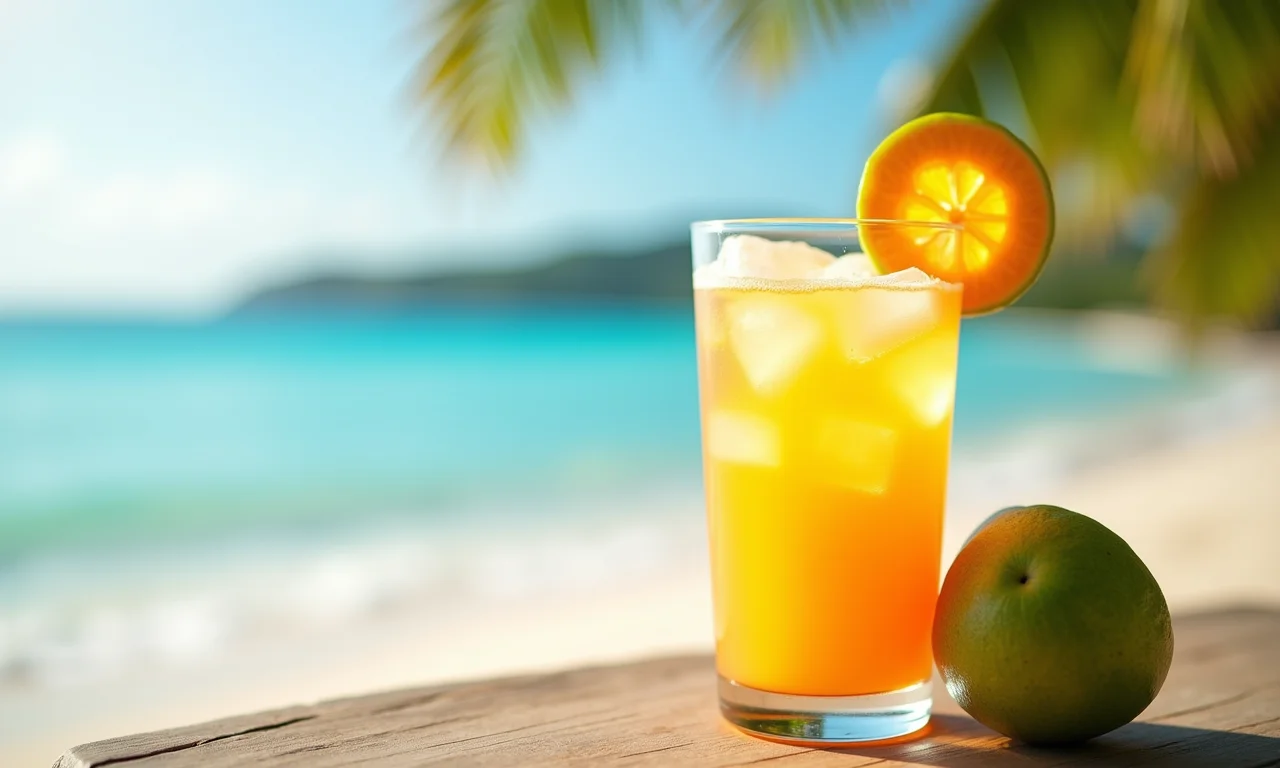 Copo de suco de maracujá refrescante com gelo.