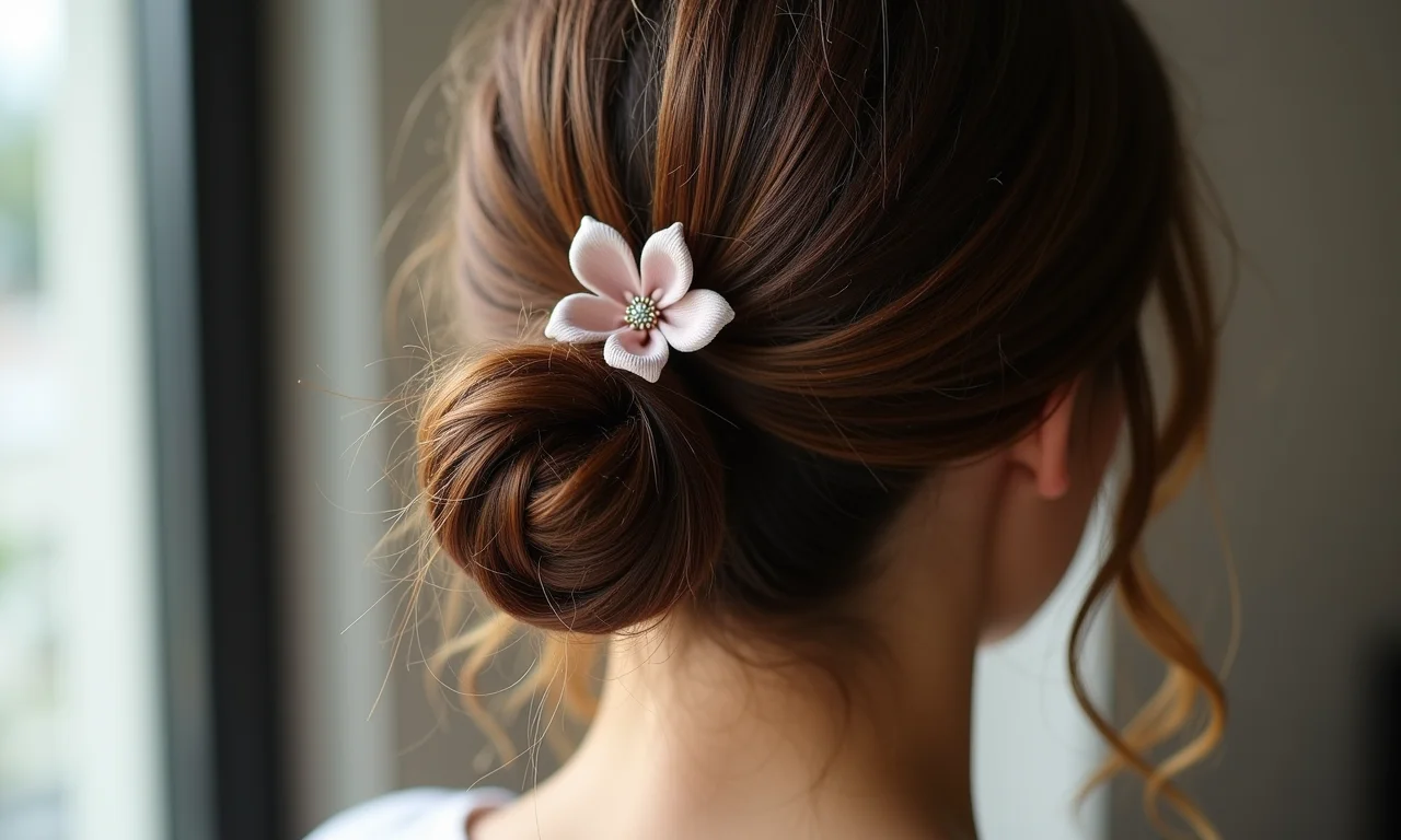 Coque despojado com presilha em cabelo médio.