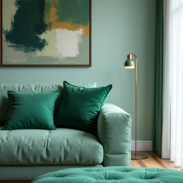 Cores secundárias em almofadas e obras de arte complementando a decoração análoga