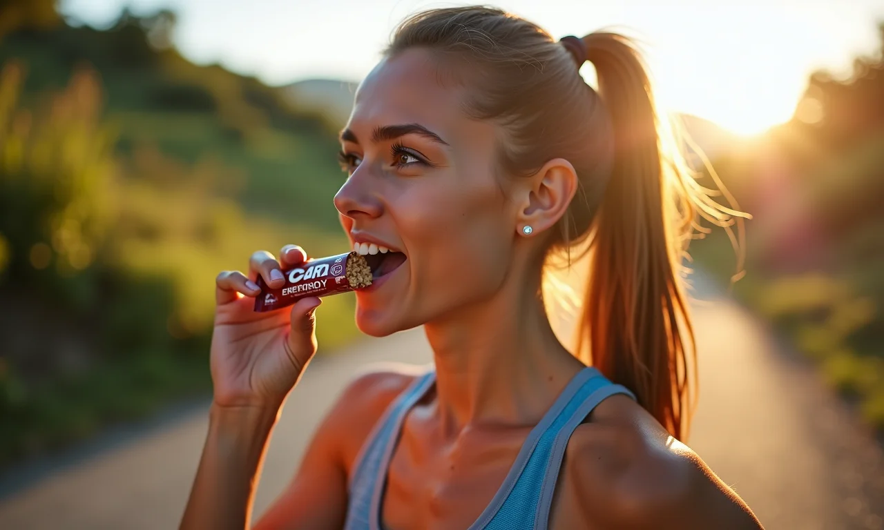 Corredor comendo barra de energia de cará após treino.