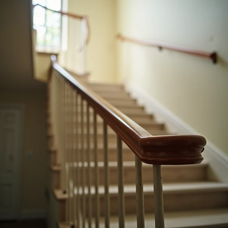Corrimão muito baixo em escada residencial.