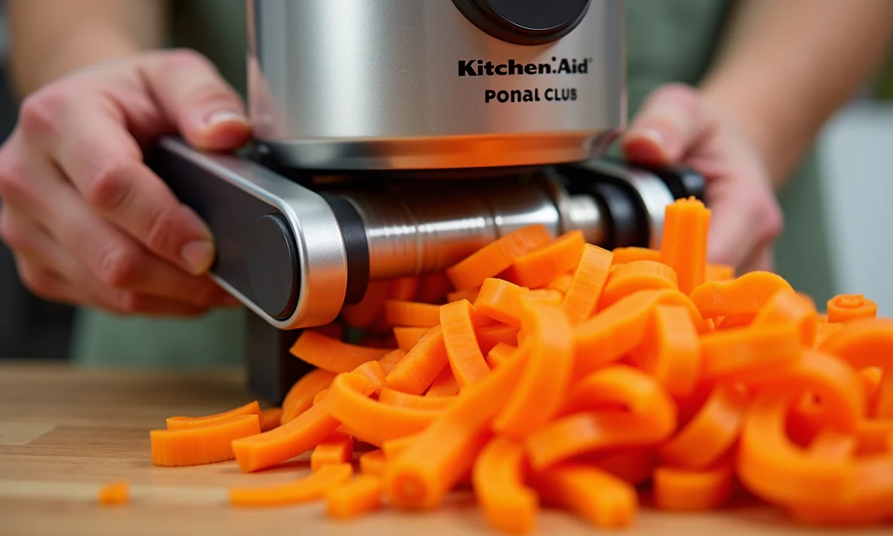 Cortador de legumes em espiral da KitchenAid fatiando cenouras.