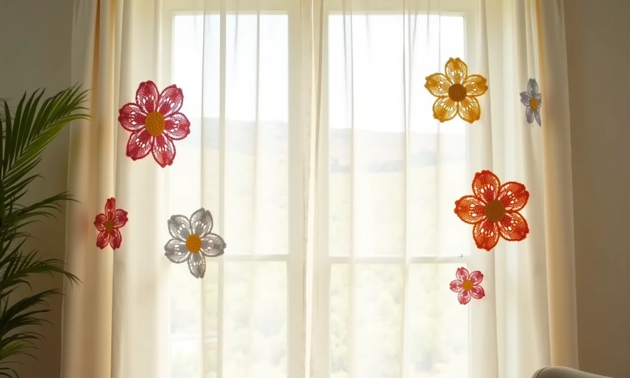 Cortina delicada decorada com aplicações de flores de crochê coloridas.