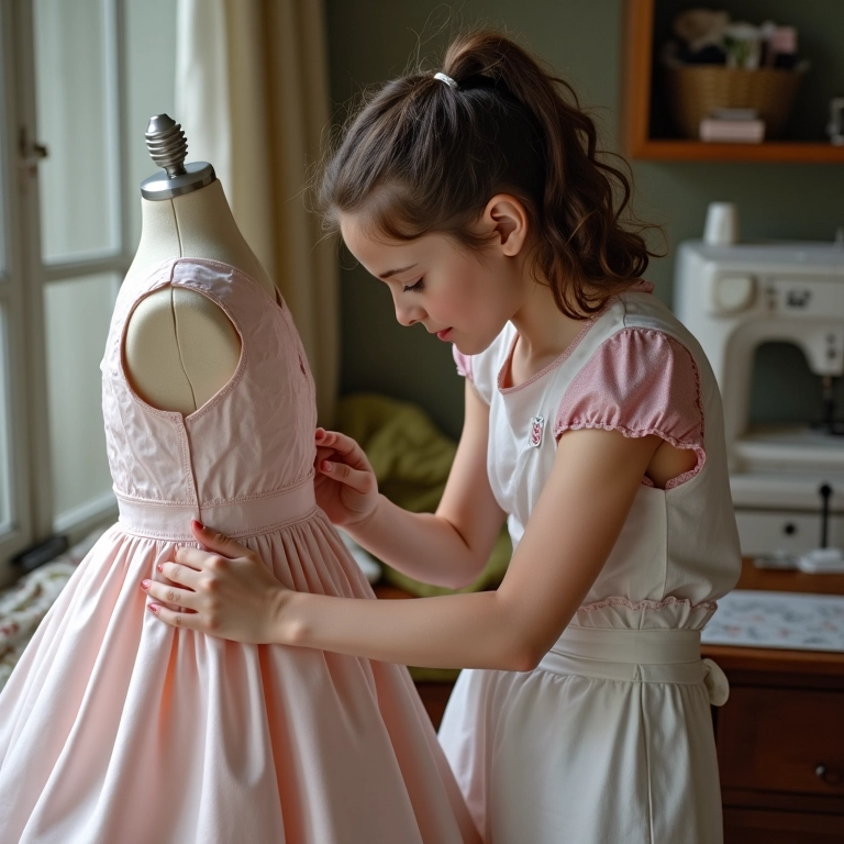 Costureira ajustando modelagem de vestido infantil de festa em manequim.