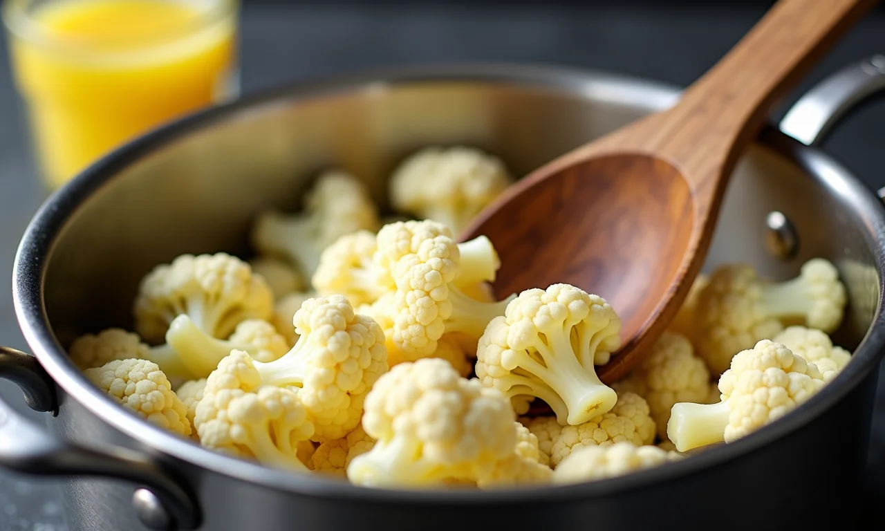Couve-flor cozinhando em panela com limão.