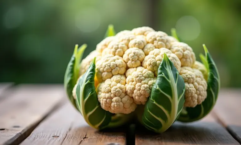 Couve-flor fresca em mesa de madeira rústica.