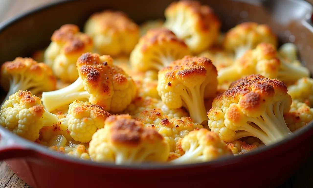 Couve-flor gratinada com queijo derretido e farinha de rosca.