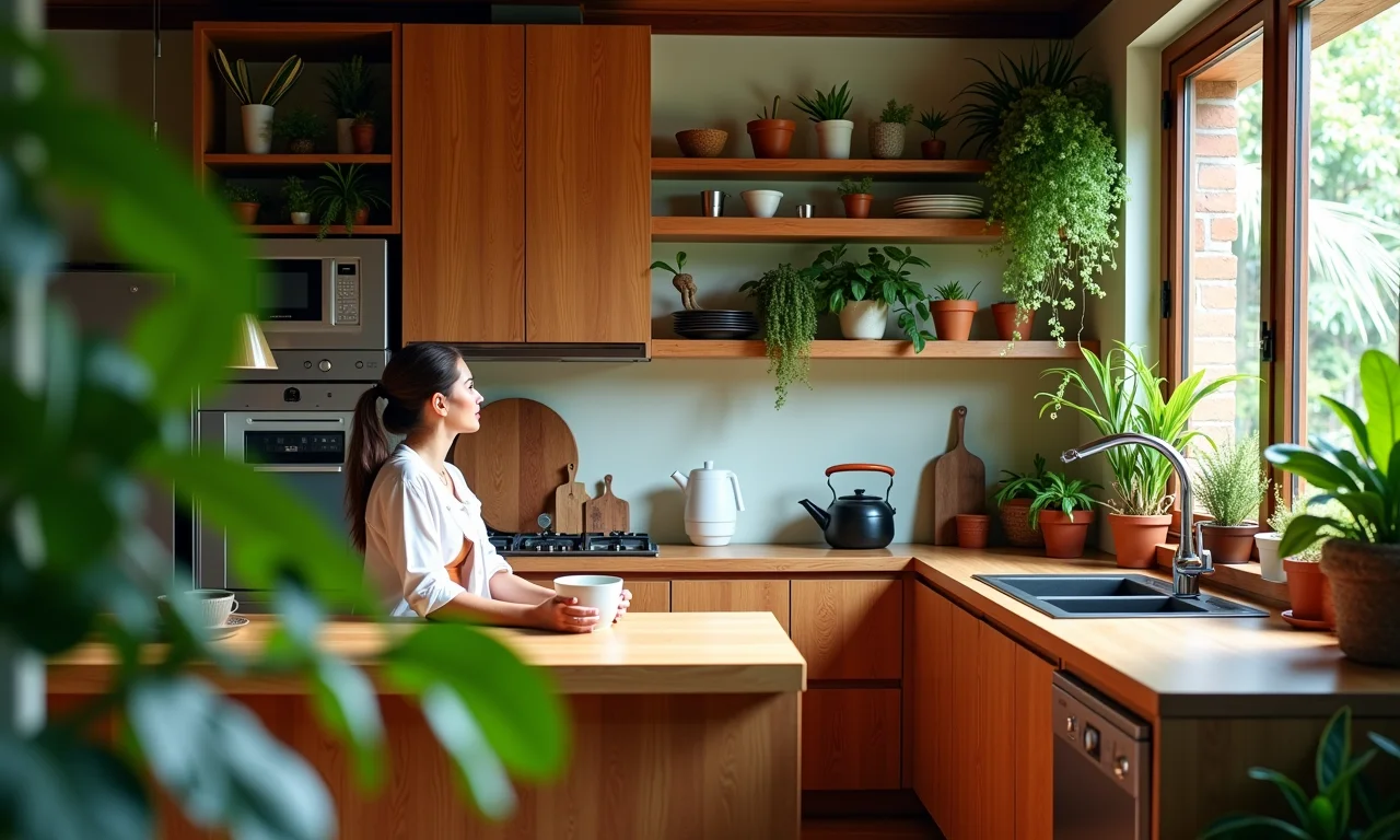 Cozinha aconchegante com plantas e decoração colorida em estilo brasileiro.