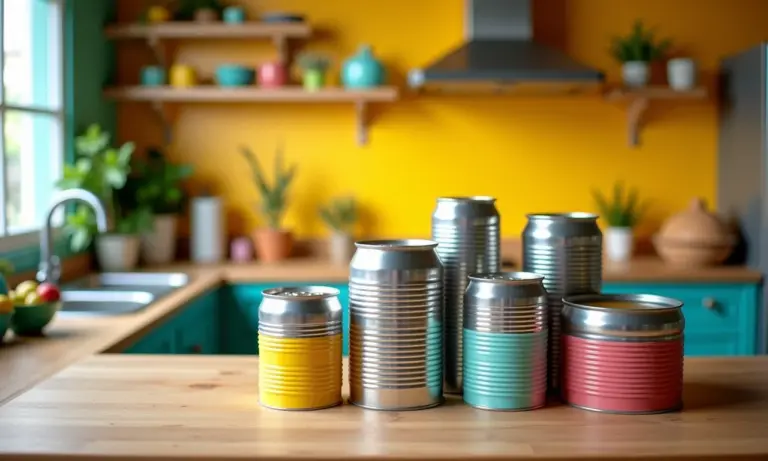 Cozinha brasileira vibrante decorada com latas de alumínio recicladas.