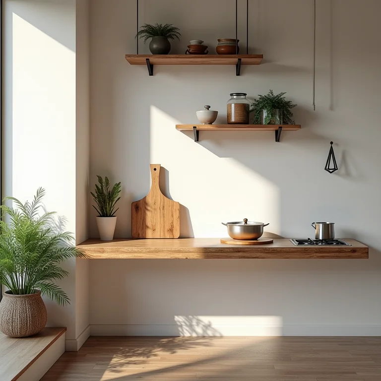 Cozinha compacta com bancada suspensa de madeira de demolição