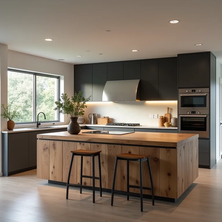 Cozinha moderna com bancada de demolição e ilha central