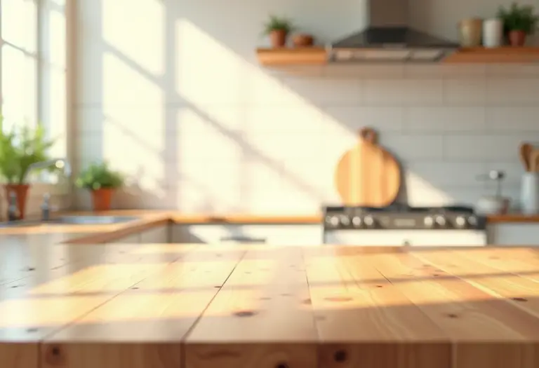 Cozinha moderna com bancada de madeira iluminada