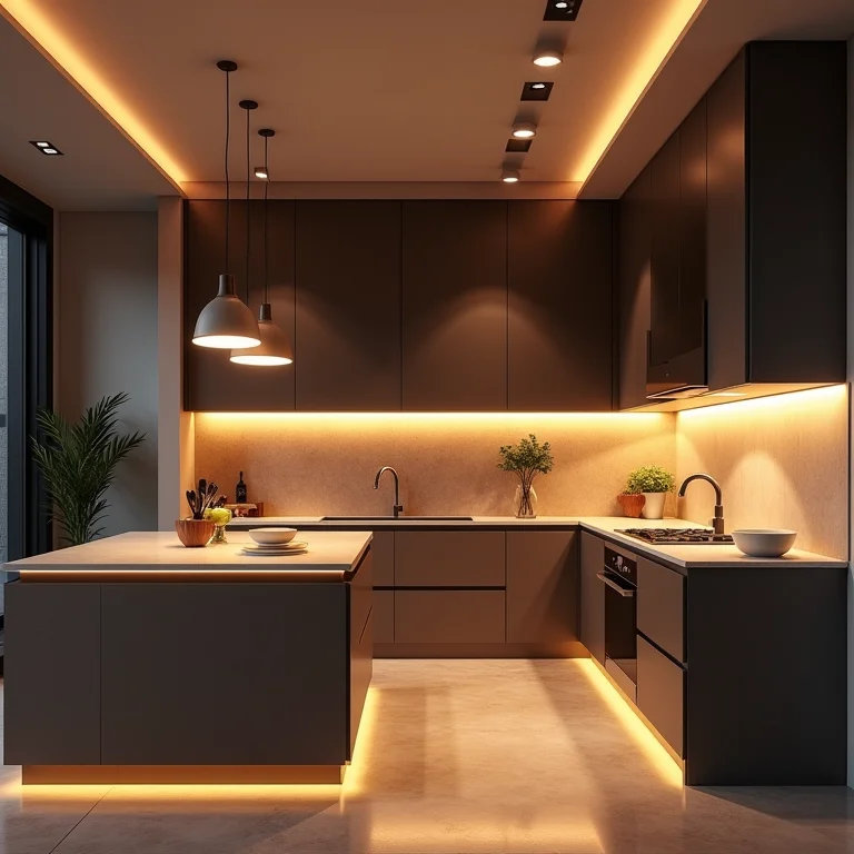Cozinha moderna com iluminação de perfil LED nas bancadas e armários.