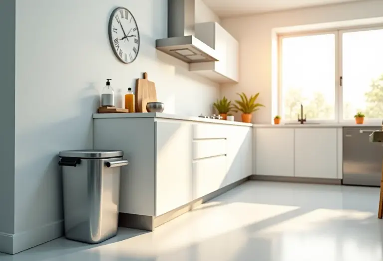 Cozinha moderna com lixeiras de reciclagem e sistema de organização de lixo.