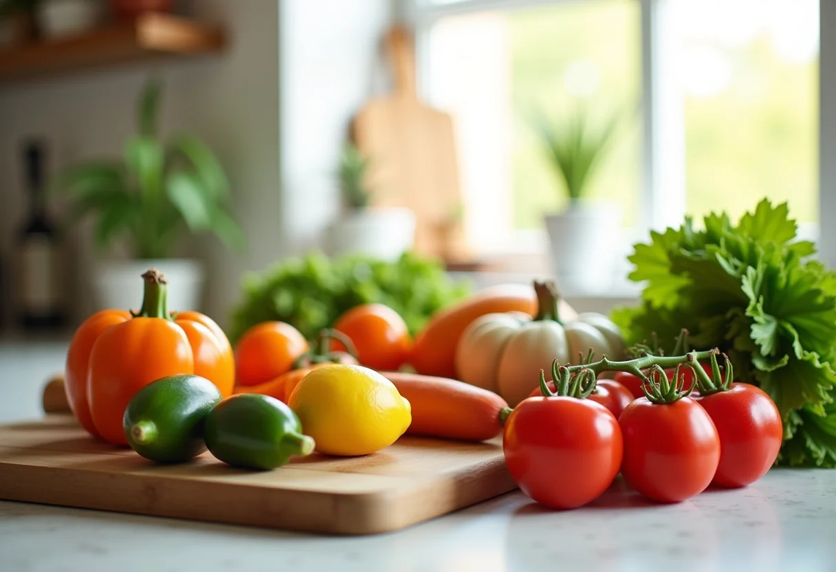 Cozinhando para um: Guia prático para refeições rápidas e deliciosas Cozinha moderna e organizada com ingredientes frescos para refeições rápidas.