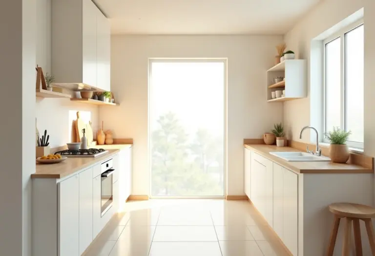 Cozinha pequena e moderna com design minimalista e iluminação natural