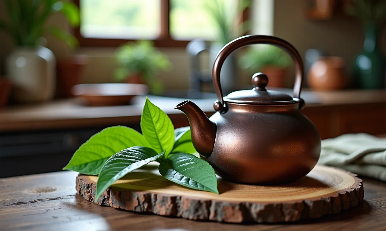 Cozinha rústica com bule e folhas de amora para receita tradicional.