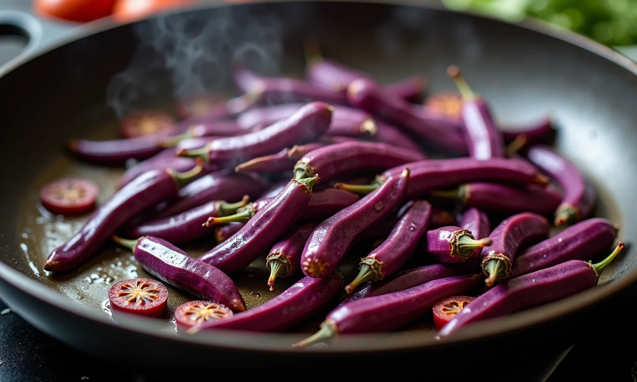 Cozinhando quiabo-roxo em fogo alto.