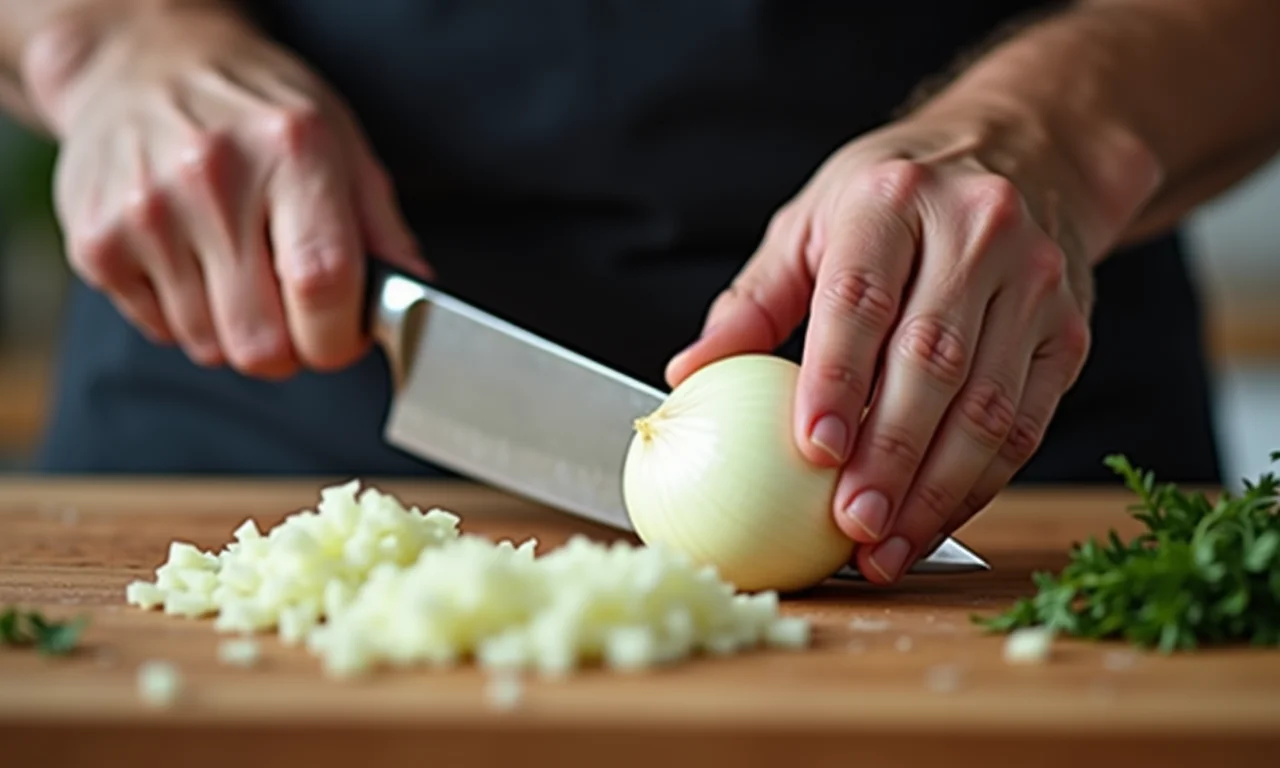 Cozinheiro picando cebola rapidamente.